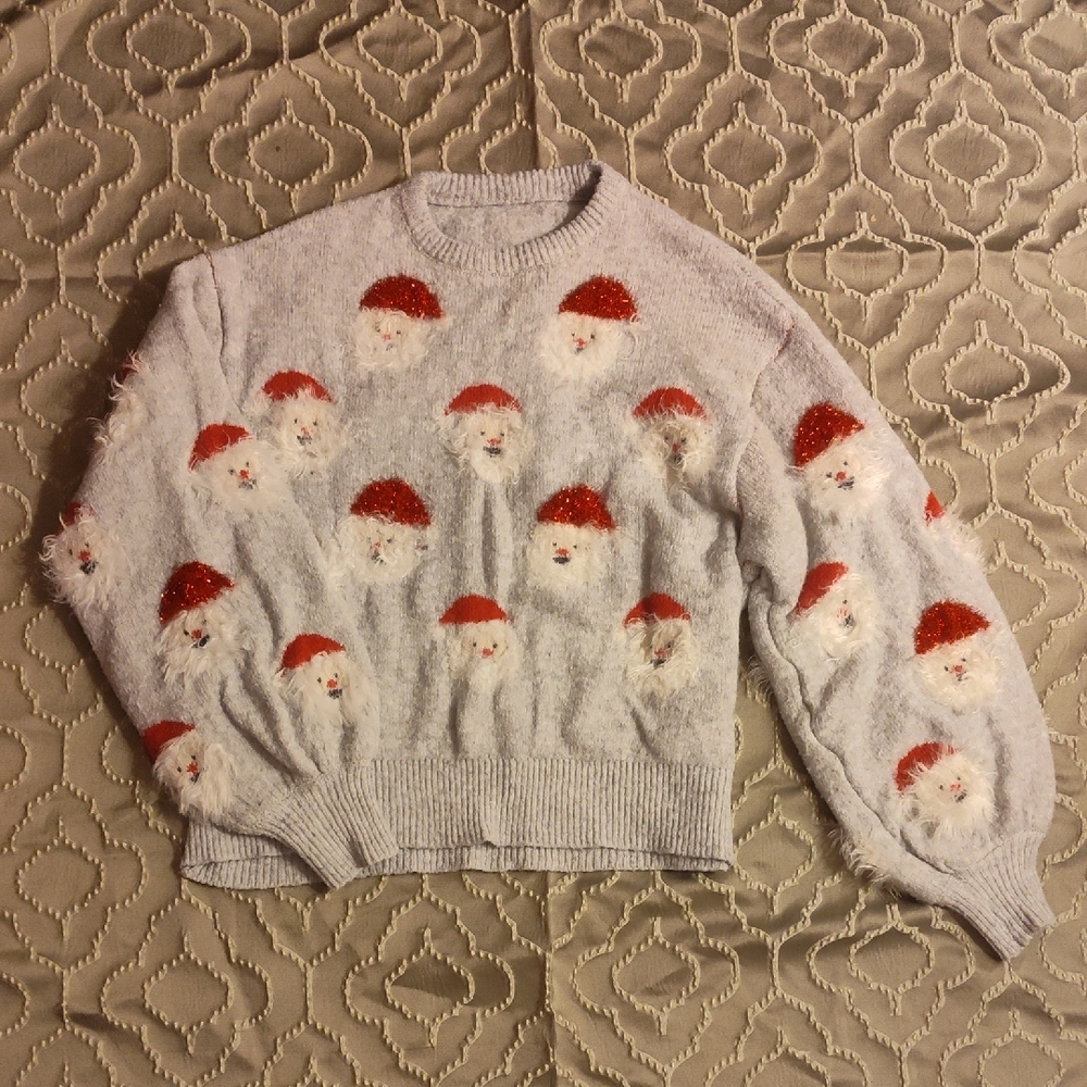 Festive Santa Patterned Sweater - Gray and Red